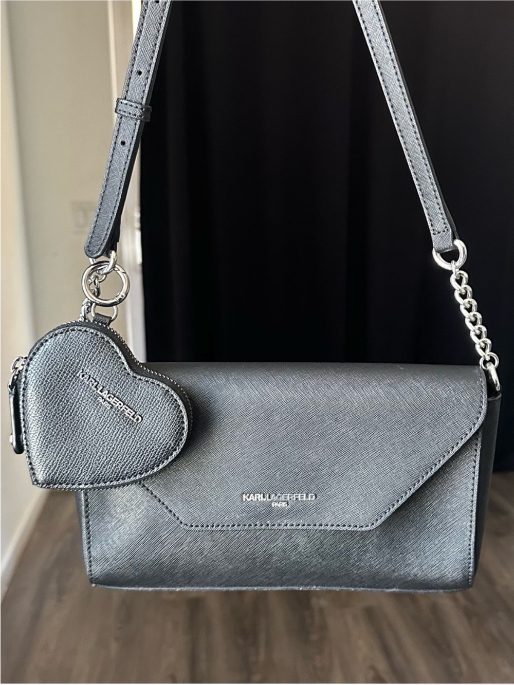 Karl Lagerfeld NWOT Black Saffiano Crossbody with Heart Coin Pouch Charm